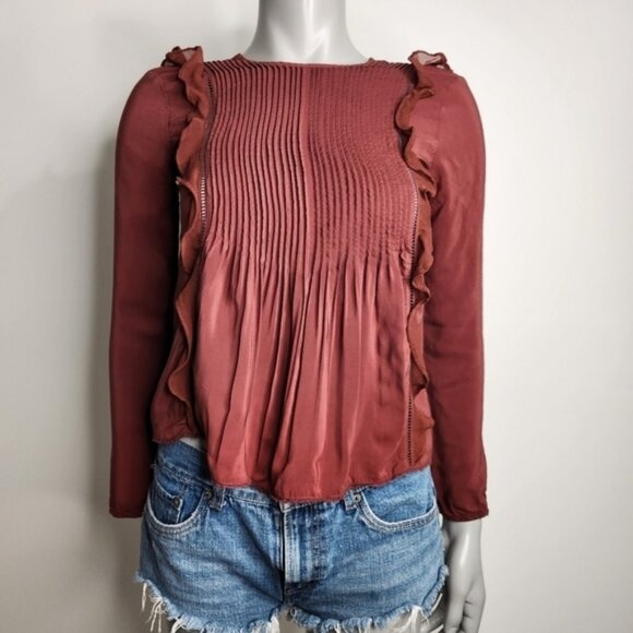 Aritzia Wilfred Brown Satin Long Sleeve Ruffle Bodice Peplum Top Size XXS - Picture 2 of 13